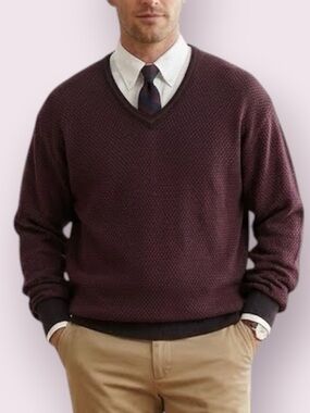 Lyle & Scott Scotland Men’s V-Neck Sweater Combed Cotton Navy Burgundy Large